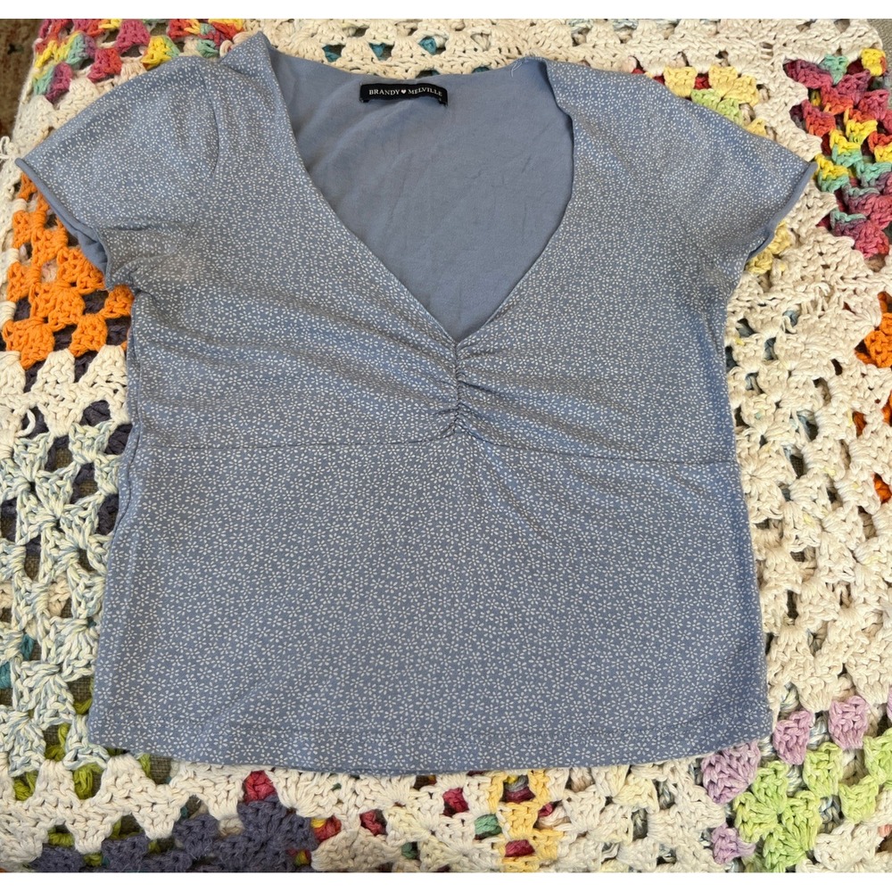 Brandy Melville XS S Blue Cream Ditsy Floral Baby Tee Y2K Cotton V Neck OS